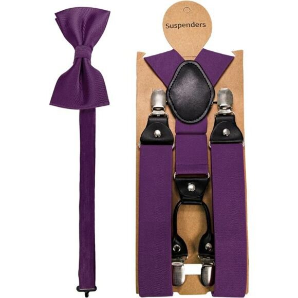 Mens Solid Color Suspenders Adjustable Y Back with Matching Silk Bow Tie Set - Picture 4 of 6